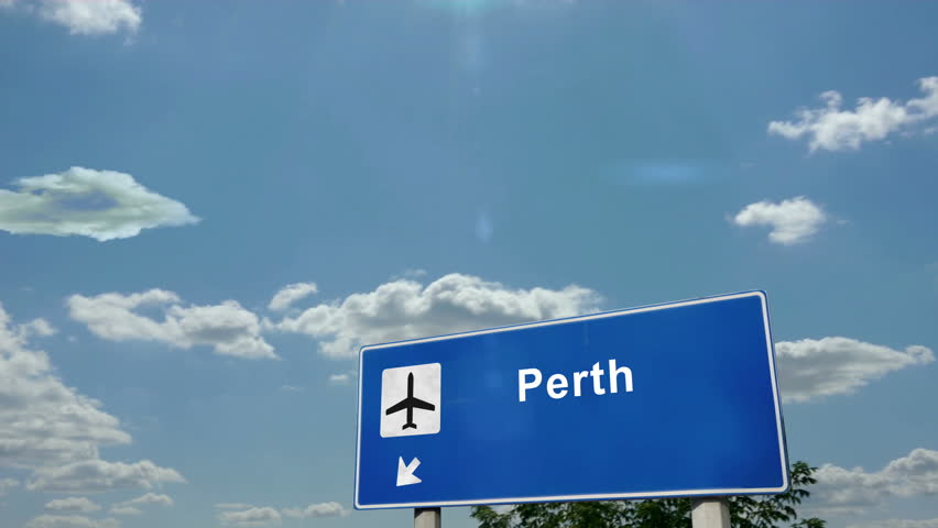 Perth Australia Jet plane landing. City arrival with airport direction sign. Travel, business, tourism and airplane transport concept.