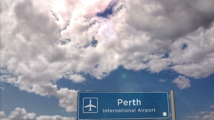 Perth Australia Jet plane landing. City arrival with airport direction sign. Travel, business, tourism and airplane transport concept.