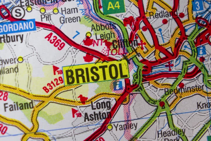 Bristol, United Kingdom colour atlas district map from about 2002 town name of the area zoom in