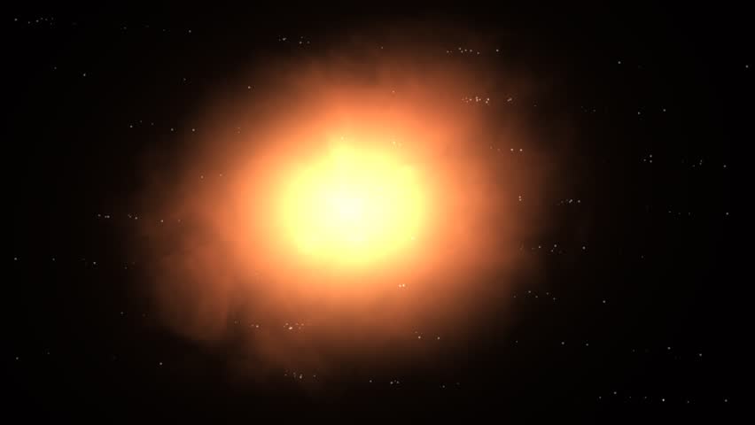 A radiant yellow core surrounded by orange and red gradients, with wispy clouds and scattered white specks against a black background.