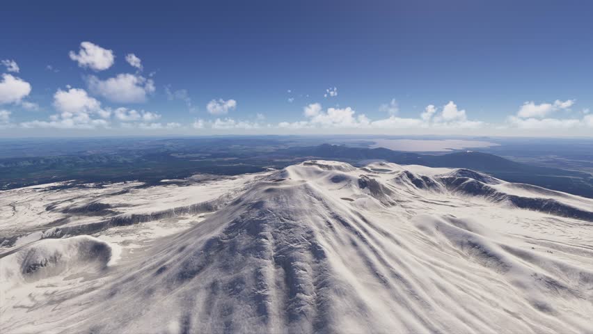 3D - Aerial drone view of the snow North Island in Mount Ngauruhoe. New Zealand