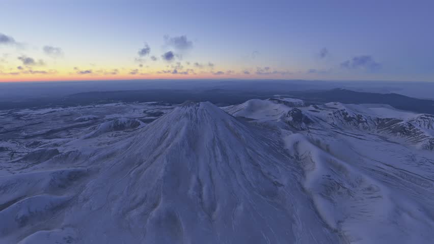 3D - Sunset aerial drone view of the snow North Island in Mount Ngauruhoe. New Zealand