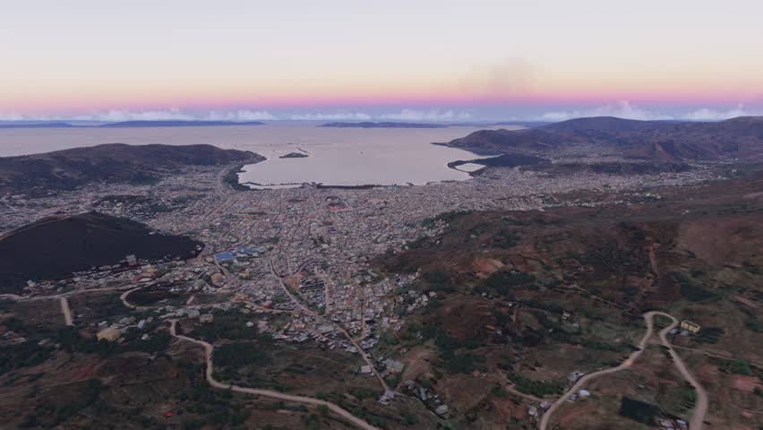 3D - Sunrise aerial drone shot of Lake Titicaca Puno. Peru