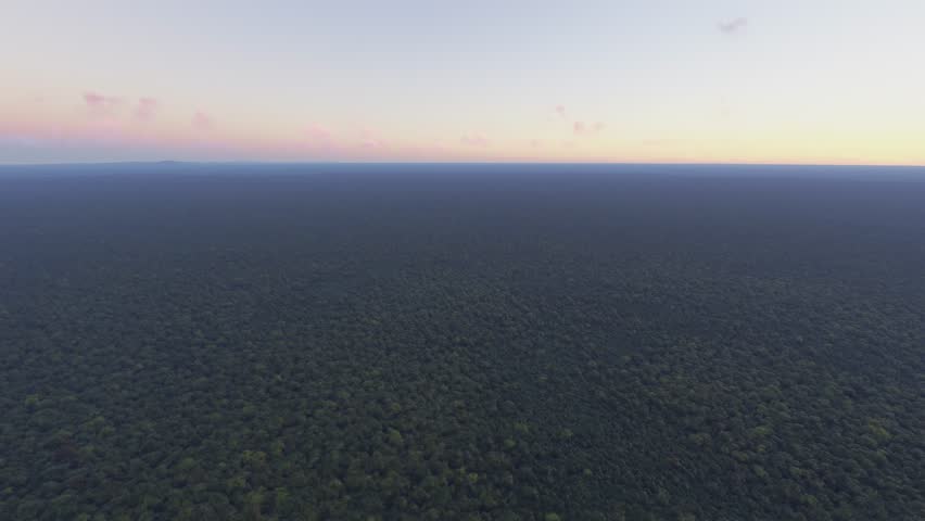 3D - Sunrise aerial shot of Parque Nacional Sierra del Divisor in Ucayali. Peru