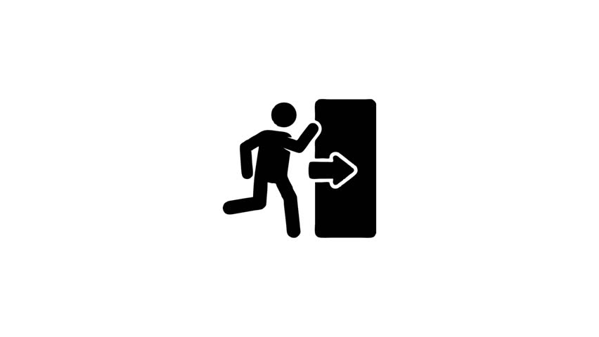 Emergency exit showing escape symbol. This footage represents quick escape from danger area.
