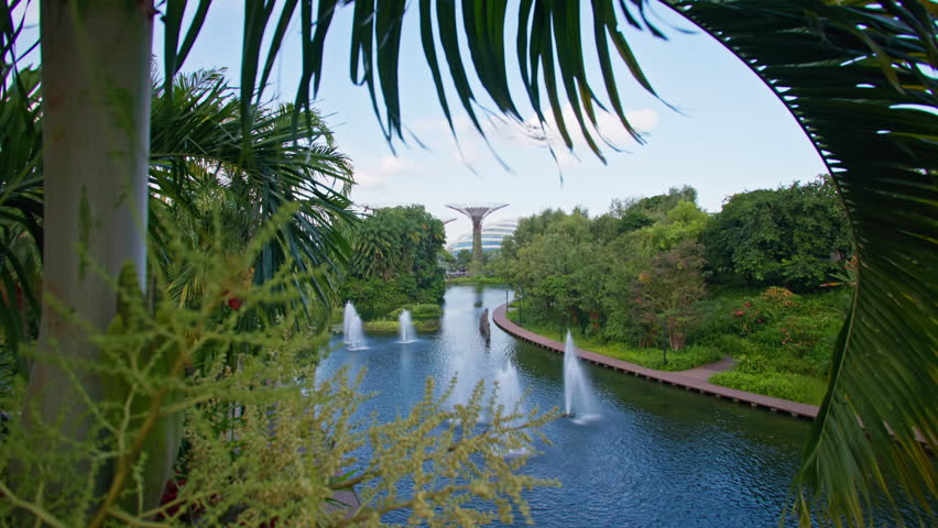 Gardens by the Bay cityscape in Singapore city. Fountains palm trees in beautiful garden for tourists in Asia.