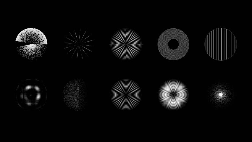A collection of abstract geometric circular shapes, halftone patterns, and radial elements in white on a solid black background for design projects.