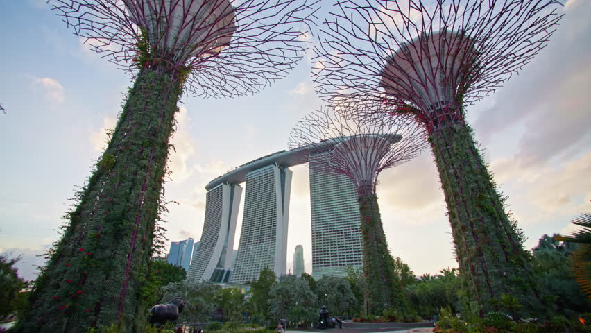 Gardens by the Bay view of Marina Bay Sands in Singapore. Beautiful cityscape tourist points of Asia.
