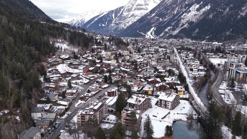 Chamonix Mont Blanc winter valley town with snowy mountains