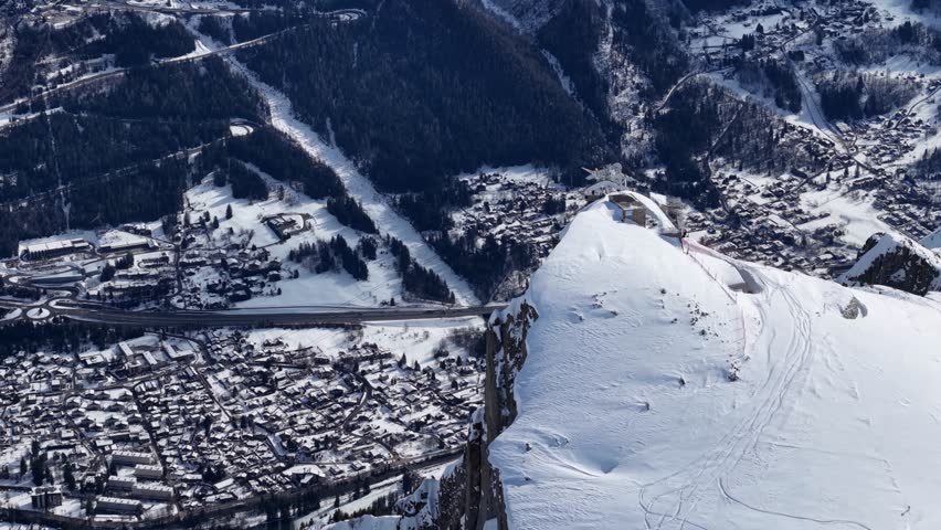 Chamonix Mont Blanc winter ski tracks and mountain town view