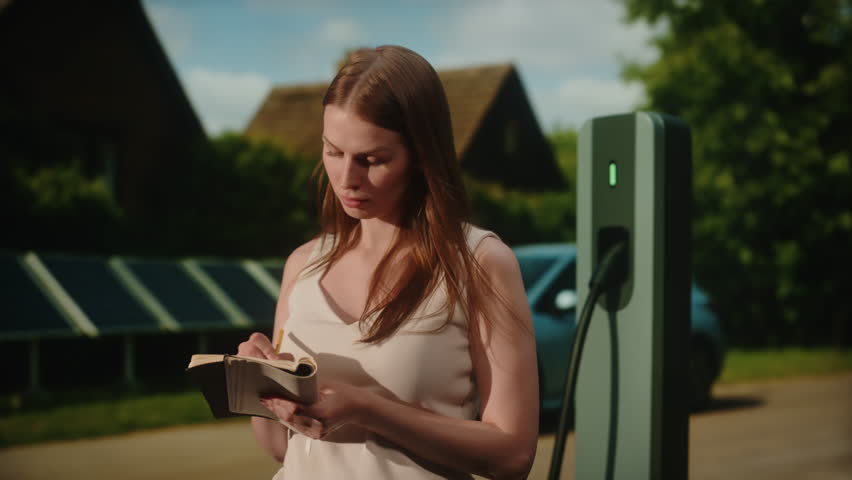 Woman writing notes near electric car charging station