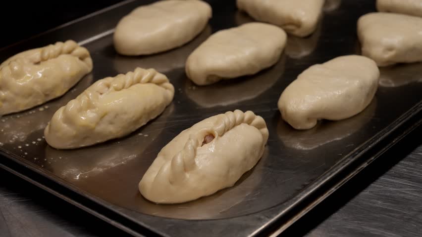 Close-up view of raw handmade stuffed pastry pockets arranged on a metal baking tray, showcasing braided edges and smooth dough before baking in the oven