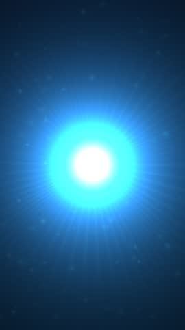 A radiant white core surrounded by concentric blue rings and starburst rays against a dark blue gradient background.
