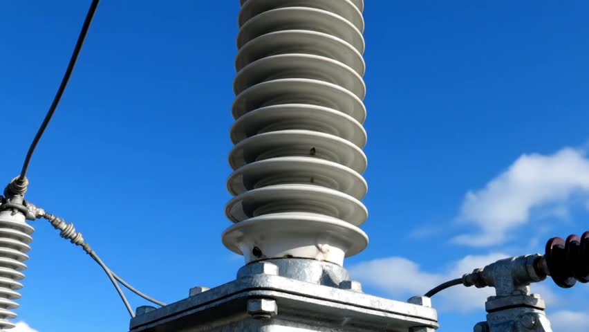 Close up view of a high voltage ceramic electrical insulator mounted on a steel structure at a power substation. The white porcelain ribbed insulator and power lines are set against a clear blue sky with passing clouds. This utility equipment is essential for electricity transmission, electrical grid infrastructure, and distributing energy.