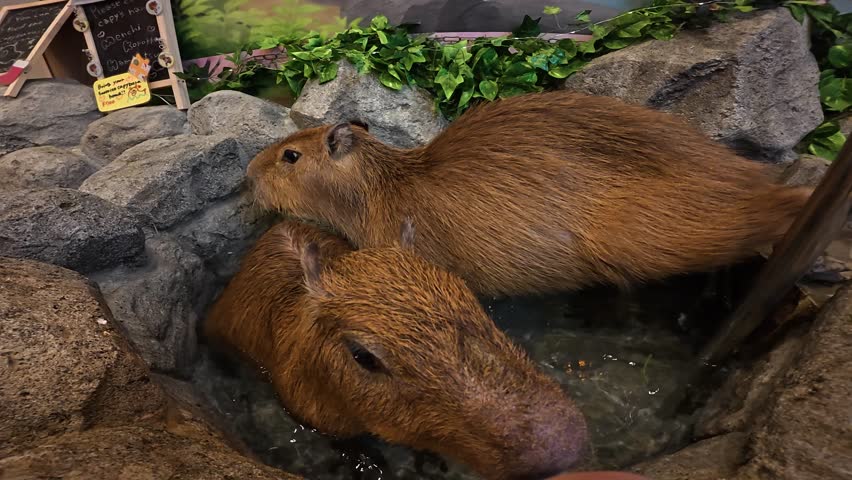 POV Feeding a Capybara in Japanese Onsen Bath