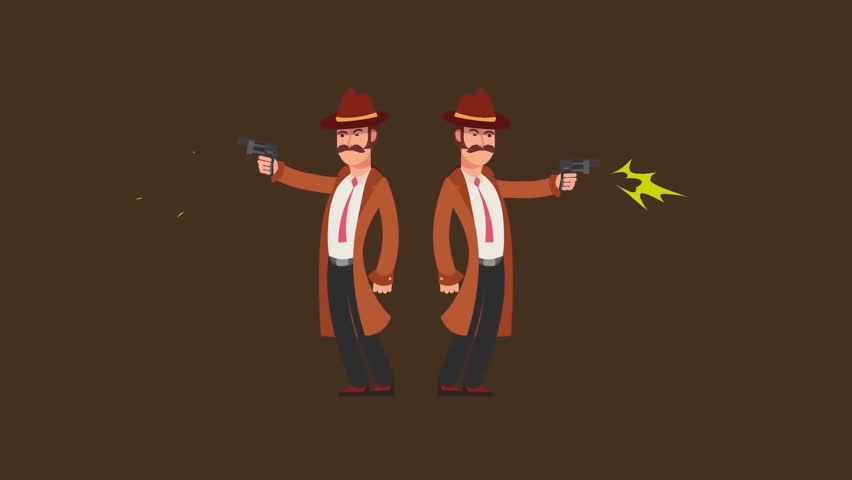 Wild west cowboys shooting pistols in classic duel western cartoon animation scene
