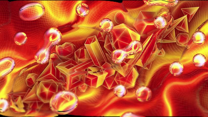 A dynamic digital artwork featuring a cluster of 3D geometric shapes, including cubes, pyramids, and spheres, amidst swirling red and yellow patterns, with reflective orbs scattered throughout.
