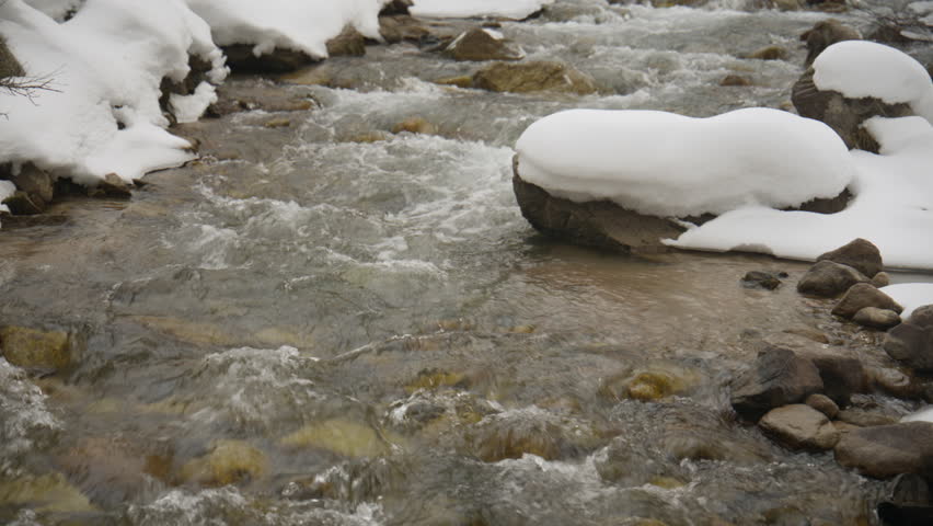 Clear mountain river water flowing rapidly over stones and rocks in a beautiful winter landscape, with fresh white snow covering the banks and boulders in a serene natural setting