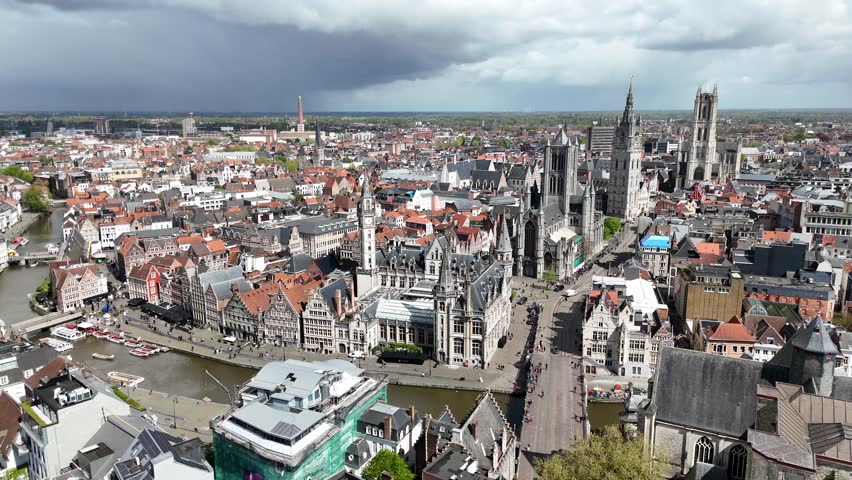 Aerial skyline of Ghent old town, Belgium, with famous landmarks "three Towers" (Belfry of Ghent, St. Bavo