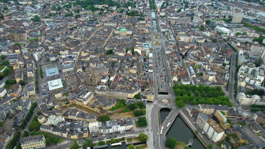 Aerial view of the Old town of of the city Rennes on a sunny day in summer in France