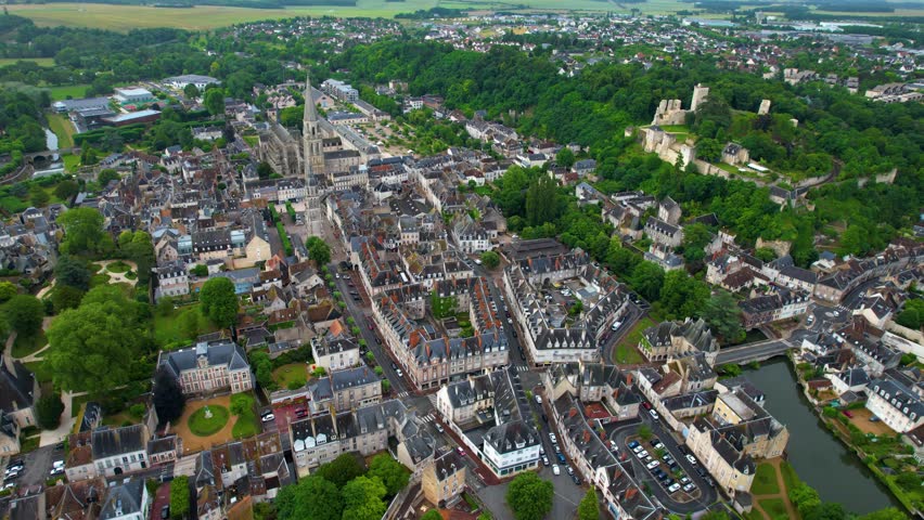 Aerial view of the Old town of of the city Vendôme on a sunny day in summer in France