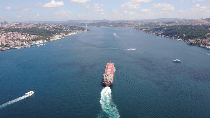 Aerial views of Istanbul. General views of Istanbul. Aerial footage of passing through the . Aerial view of the ships. View of the Maiden
