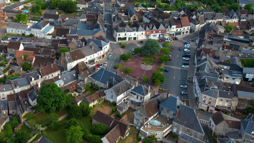 Aerial view of the Old town of of the city Château-Renault on a sunny day in summer in France