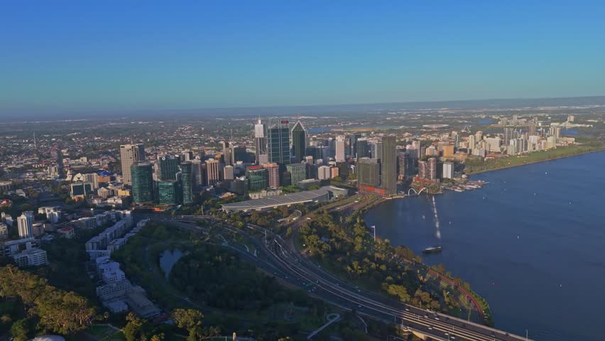 Perth Skyline and Kings Park Area Aerial View