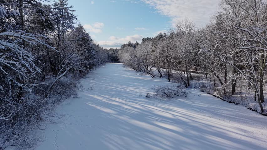 Winter aerial view featuring the Lamprey River upstream of Wadleigh Falls in Lee, New Hampshire
