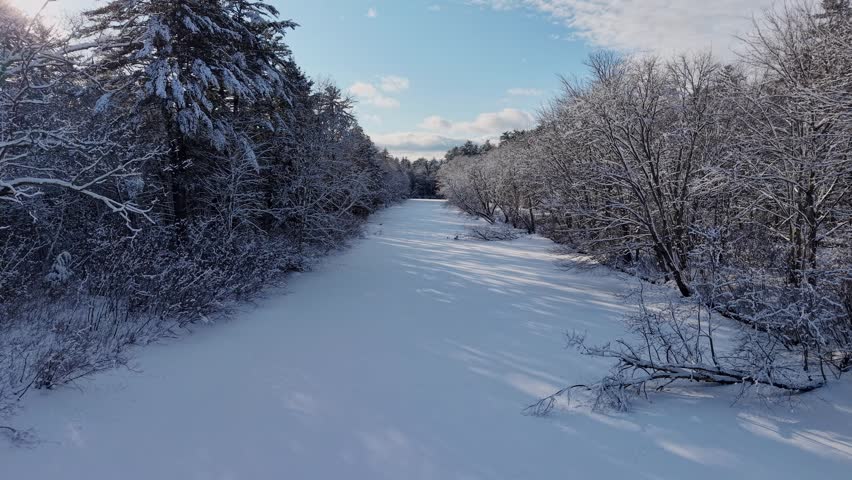 Winter aerial view featuring the Lamprey River upstream of Wadleigh Falls in Lee, New Hampshire