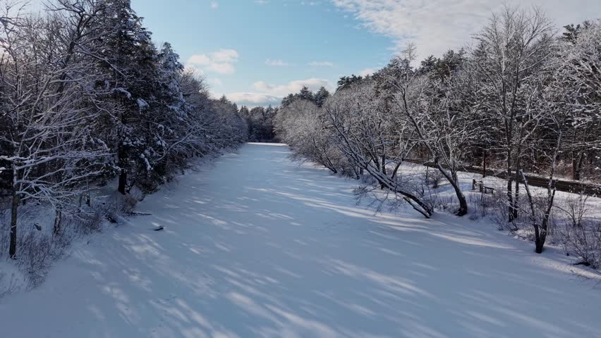 Winter aerial view featuring the Lamprey River upstream of Wadleigh Falls in Lee, New Hampshire