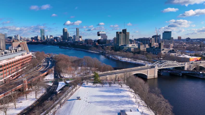 Boston University Bridge across Charles River aerial view with Cambridge on the left and Boston Back Bay on the right in winter, Boston, Massachusetts MA, USA. 