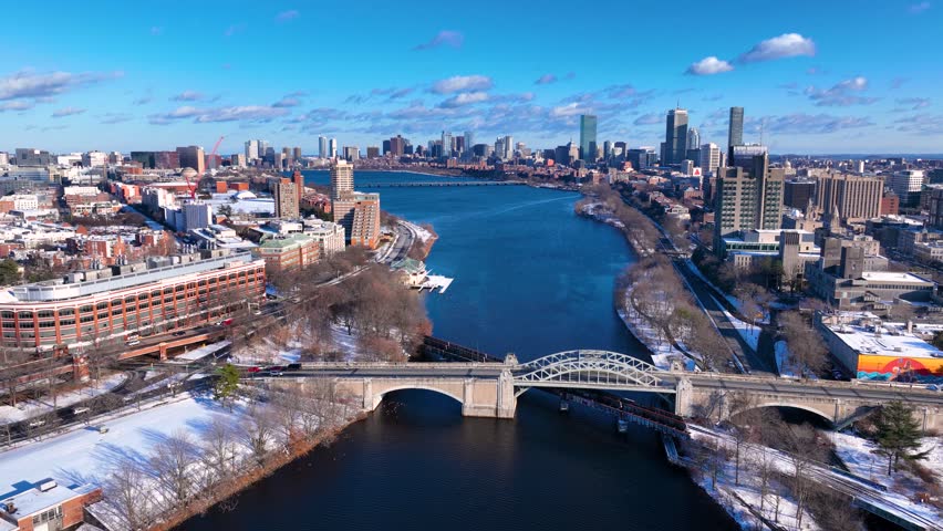 Boston University Bridge across Charles River aerial view with Cambridge on the left and Boston Back Bay on the right in winter, Boston, Massachusetts MA, USA. 