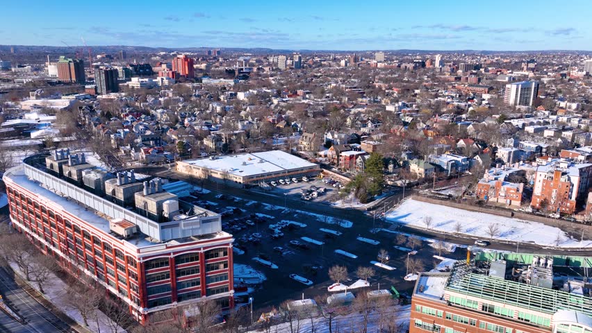 Cambridge historic residential area aerial view in winter near Cambridgeport in city of Cambridge, Massachusetts MA, USA. 