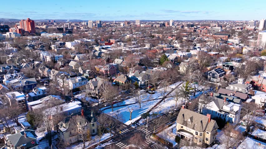 Cambridge historic residential area aerial view in winter near Cambridgeport in city of Cambridge, Massachusetts MA, USA. 