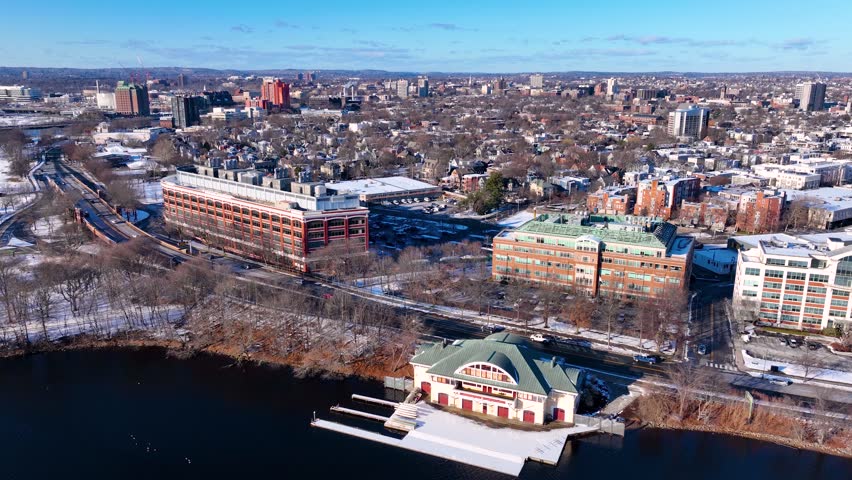Cambridge historic residential area aerial view in winter near Cambridgeport in city of Cambridge, Massachusetts MA, USA. 
