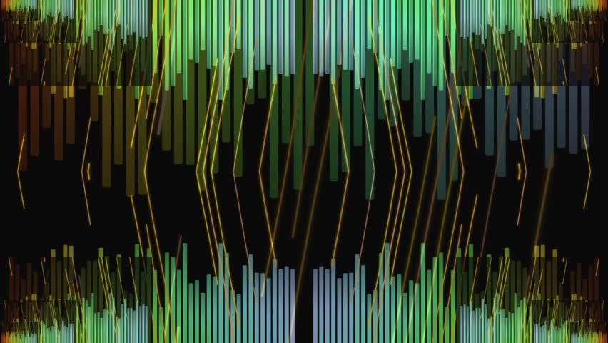 A vibrant, abstract graphic displays two mirrored rows of vertical bars, resembling a sound wave equalizer, with a gradient of greens, blues, and yellows against a dark background.   