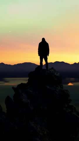 Man's Silhouette On Mountain Peak At Vibrant Sunset: A 3D Rendered Adventure