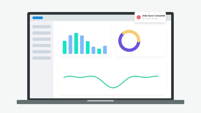 Animated laptop screen showing real-time data analysis. 4K Video