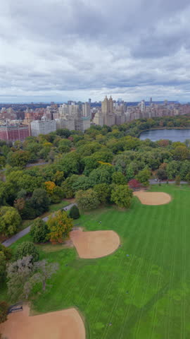 Aerial view of Central Park green lawns and baseball fields surrounded by dense trees, Manhattan skyline in background, New York City, New York, urban nature and city contrast