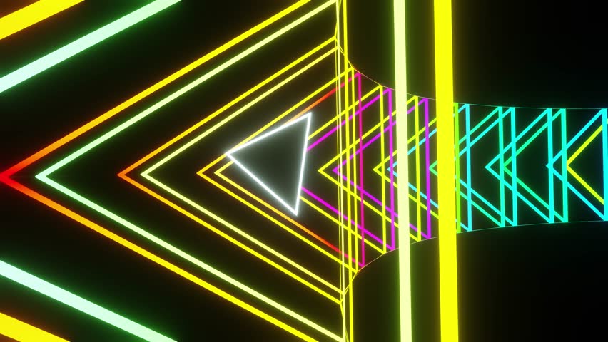 A vibrant 3d animation moving through a black void filled with glowing neon green pink and yellow triangle outlines and rotating geometric pyramids