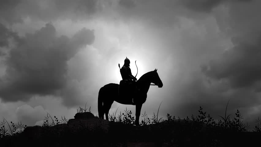 Nomadic Hun Warlord on Horse at Dusk