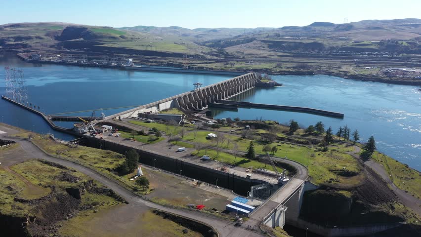 4K aerial drone footage of The Dalles Dam hydroelectric facility on the Columbia River in The Dalles, Oregon, USA. Massive concrete dam structure generating renewable hydroelectric power and controlling water flow along the river. Large scale energy infrastructure supplying electricity to the regional power grid across the Pacific Northwest. Scenic aerial view of the Columbia River and surrounding landscape highlighting renewable energy production and modern utility engineering, great for b-roll