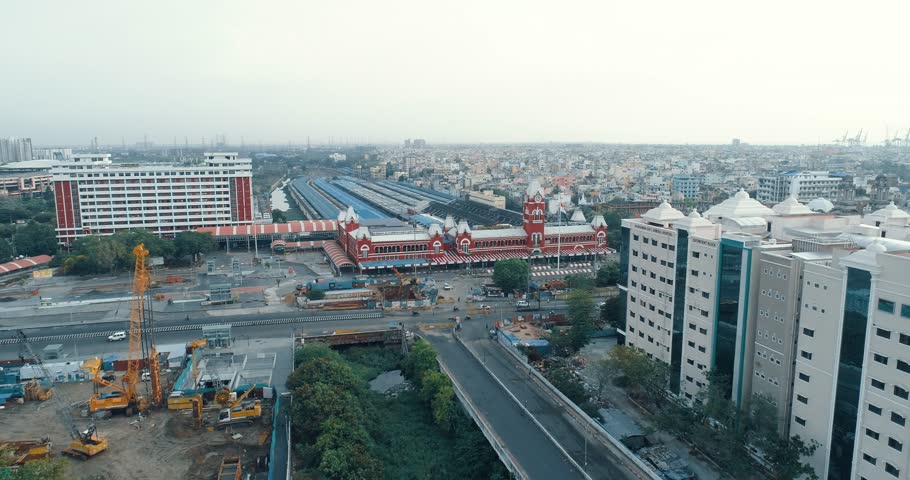 Aerial Drone Shot of Chennai Central Railway Station and Surrounding City