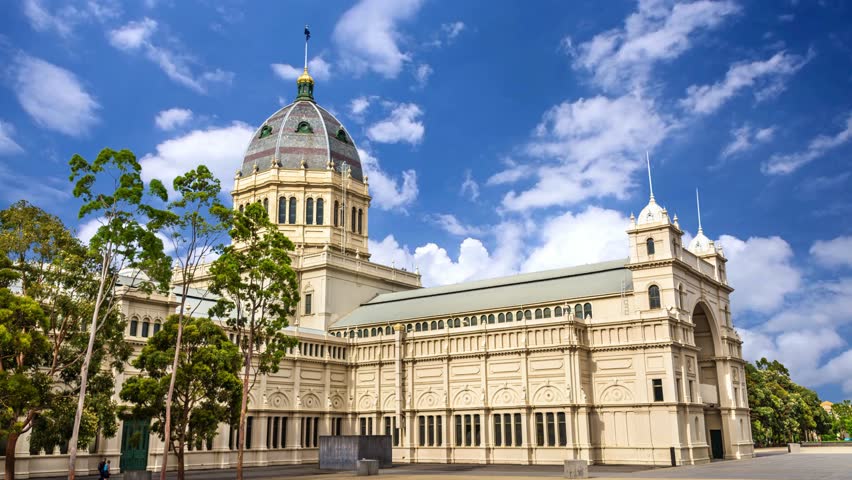The Royal Exhibition Building  World Heritage-listed building in Melbourne, Victoria, Australia MELBOURNE, AU A majestic fountain stands in front of the Royal Exhibition Building in Melbourne, Australia