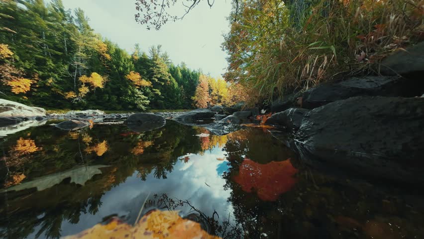 Adirondack Mountain, New York State. Aerial view of a serene river reflecting autumnal trees and foliage, with a clear sky overhead.