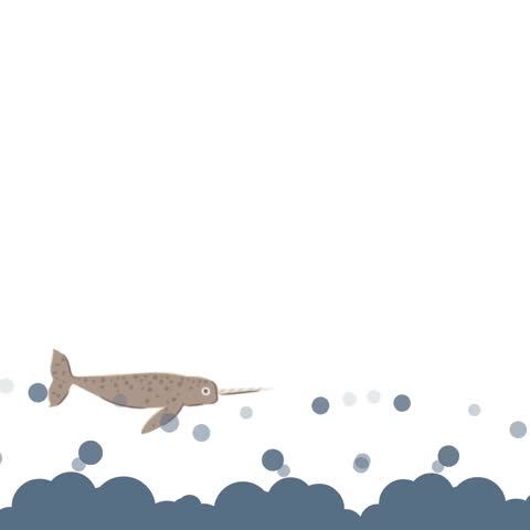 Animated cute cartoon Narwhal with long tusk swimming underwater with bubbles