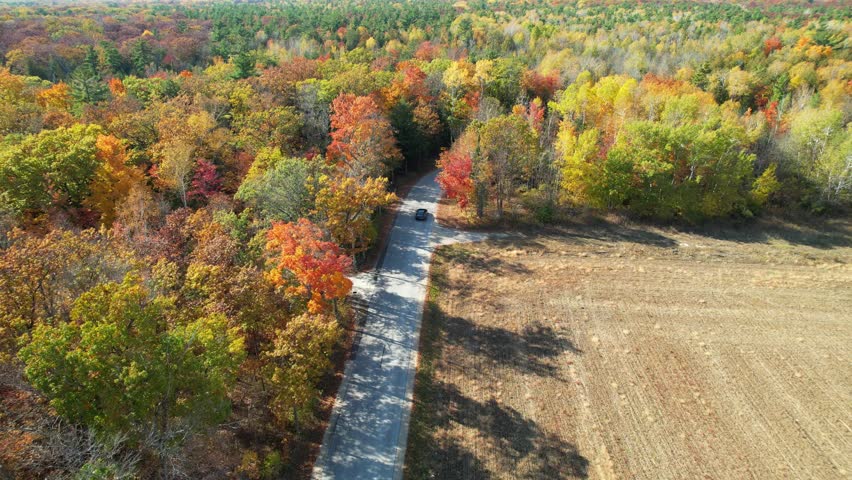 Aerial view of Door County Wisconsin Country roads in Autumn.  Dramatic view of black car driving on warm fall sunny day.  Drone follow shot of car through winding road.