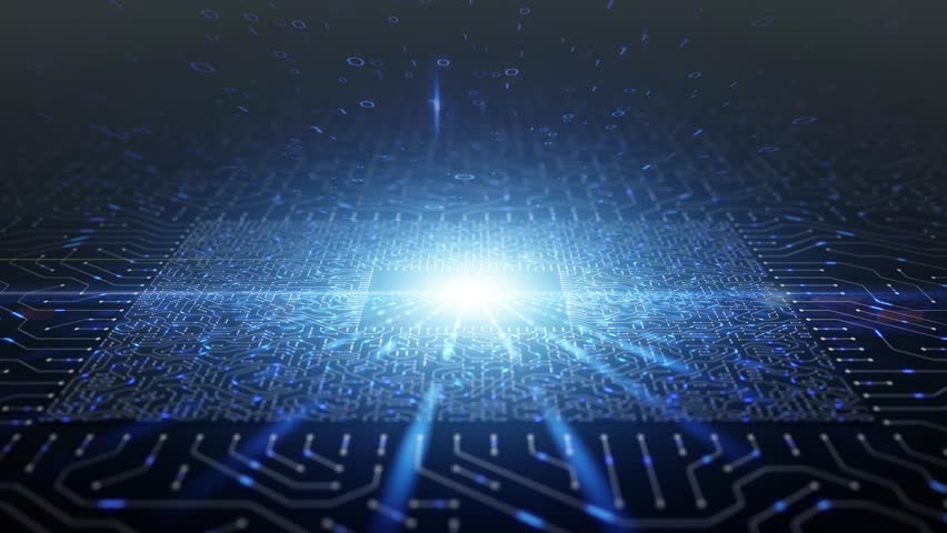 Looping digital binary data network with motherboard background.