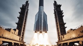 Witness the awe-inspiring power of space exploration with this dramatic footage of a massive heavy-lift rocket launching into the sky. The spacecraft ignites its powerful engines, creating a colossal cloud of intense fire and thick billowing smoke on the launchpad. Flanked by tall launch towers under an overcast sky, this cinematic rocket takeoff captures the pinnacle of modern aerospace engineering and technology. Perfect for projects about space missions, future space travel, and scientific innovation. - Powered by Shutterstock - Get 15% off with code: PIKWIZARD15
